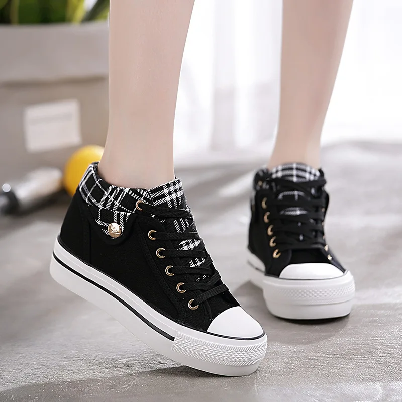 Fashion Womens Canvas Lace Up Wedges mid Heel Trainers Sneakers Sports Shoes 