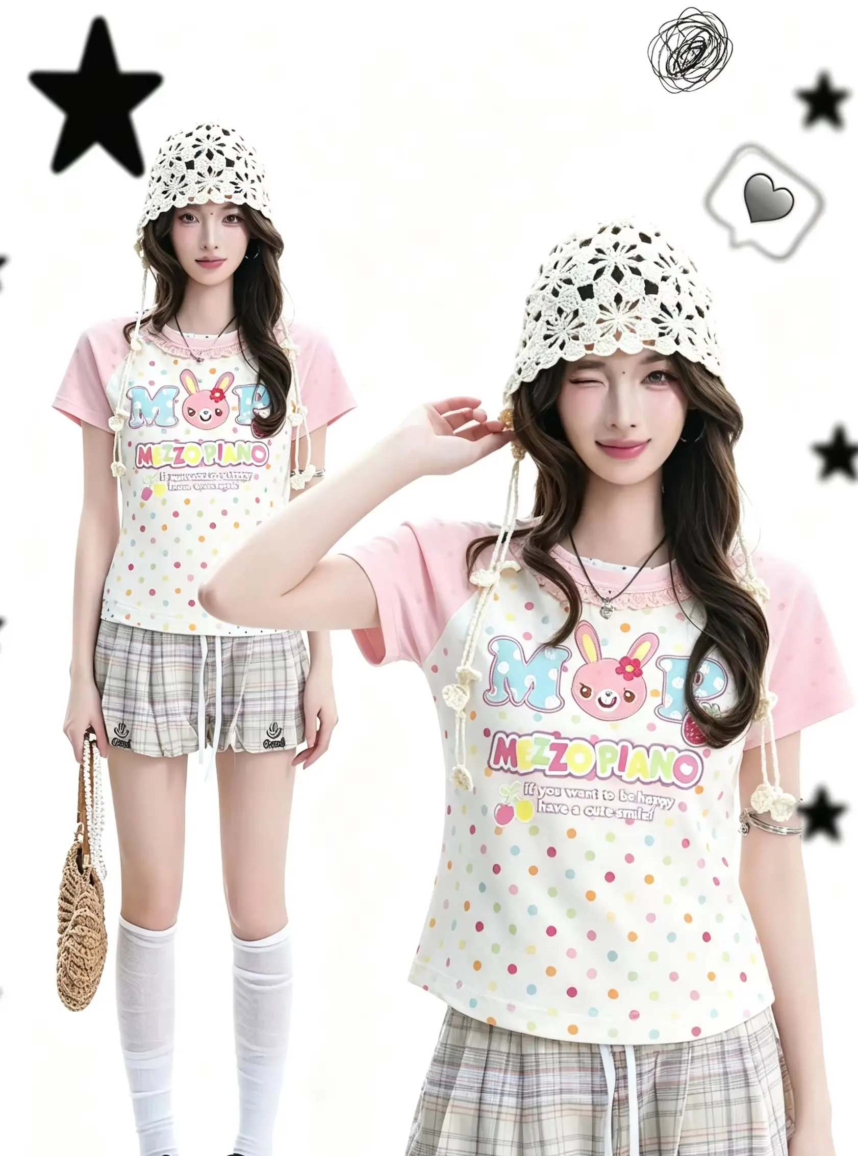 2026 Kawaii Y2K 2 Piece Outfits for Women Girls Japanese Cute Printed Crop Top T-Shirts Mini Skirts Casual Holiday Outwear
