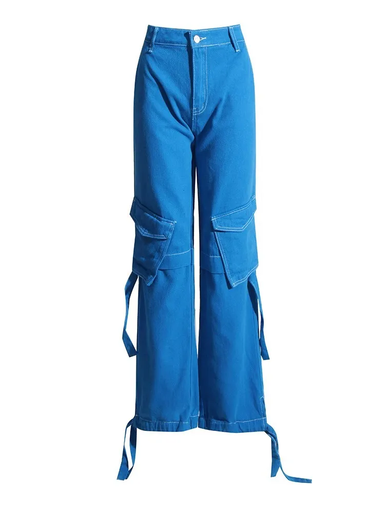 KBQ Cargo Denim Pants For Women High Waist Patchwork Pockets Streetwear Casual Solid Straight Wide Leg Pant Female Fashion New