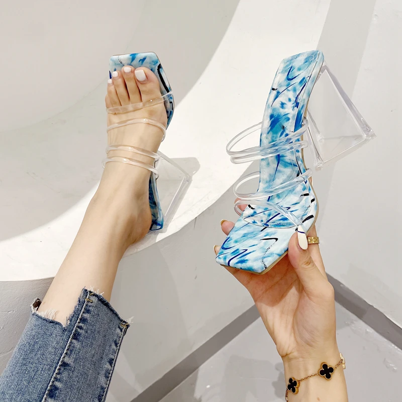 

New Square Toe Sandals Women's High Heels Transparent Pvc Ribbon Design Chunky Heel Slippers Women's Outdoor Zapatos Mujer New