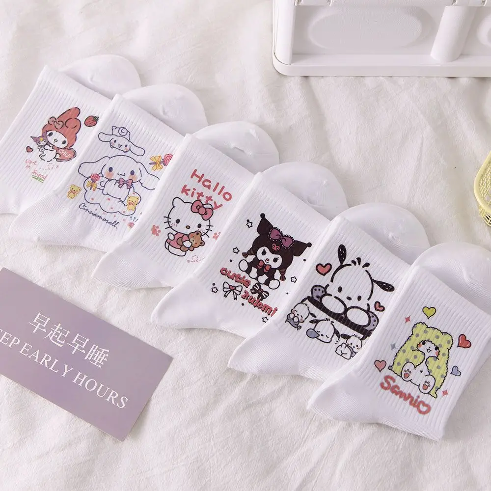 Sanrio-헬로키티 마이 멜로디 쿠로미 파차코 화이트 스타킹, 귀여운 튜브 스타킹 여성 패션, 6 켤레
