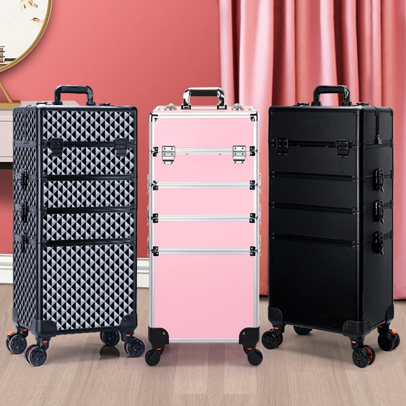 Professional 2/3/4 layers trolley makeup suitcase portable cosmetic trolley luggage box nail tattoo embroidery beauty toolbox Pull Bar Suitcase