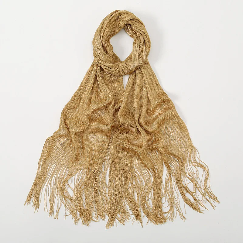 Fashion Bright Silk Sunscreen Shawl Hijab Gold Silver Shiny Scarves For Women Lace Tassel Party Evening Dress Scarf 6