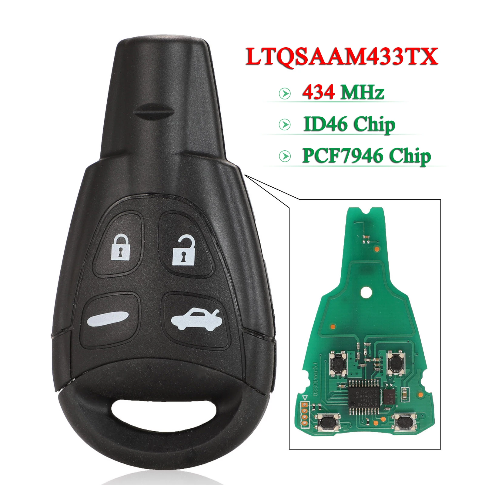

jingyuqin 4 Buttons LTQSAAM433TX 434MHz For SAAB 9-3 9-5 2003-2010 id46 PCF7946 Chip Smart Remote Car Key Fob Replacement