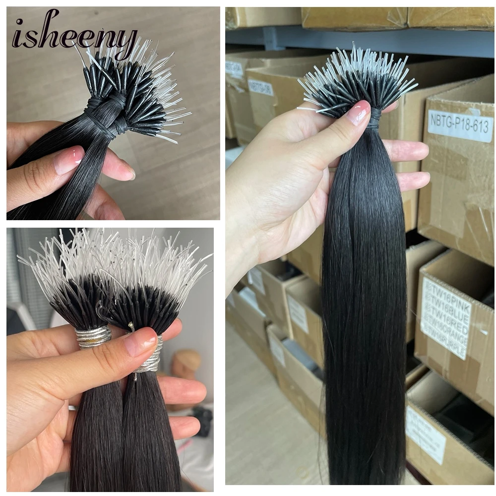 Isheeny Flexible F Tip Hair Extensions 16" 20" 24" Natural Invisible Nano Ring Hair Microlink Human 1g/s Micro Beads