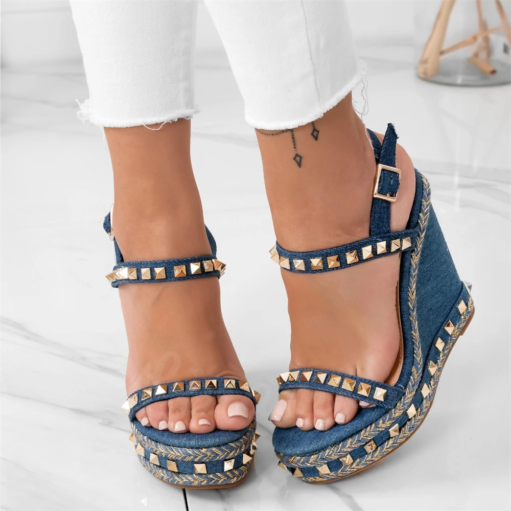 

Classic Designer Style Wedges Raffia Platform Summer Shoes Custom Leather Denim Buckle Sandals Luxurious Style Revit Espadrilles