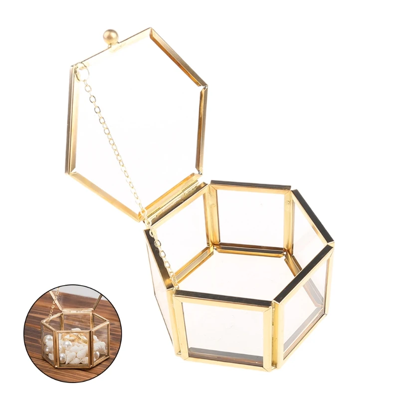 Boîte à bijoux en verre transparent hexagone Premium magnifique boîte-cadeau bague Vintage avec couvercle livraison directe