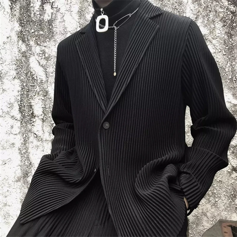Miyake Pleated Men Jacket New Office Causal Simple Black Suit Blazers Korean Fashion Loose Coat