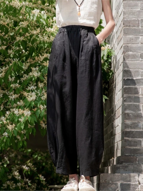 Johnature Women Winter Warm Linen Pants Elastic Waist Loose Pockets Trouser  2023 New Solid Color Patchwork Vintage Long Pants
