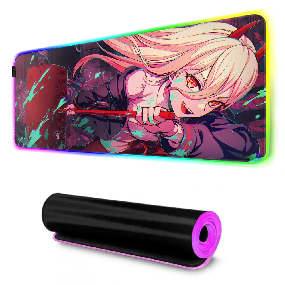 Chainsaw Man Power Mouse Pad Gamer Rgb Desk Mat Back Light Led