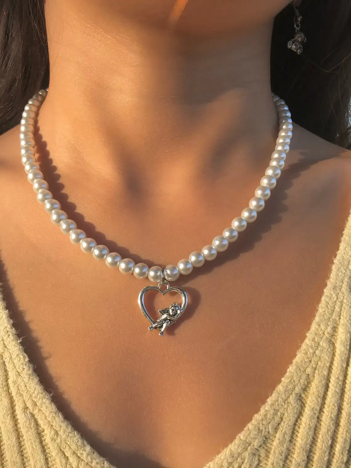 Angel Pearl Necklace, Y2k Jewelry, Pearl Necklace Silver Angel Charm