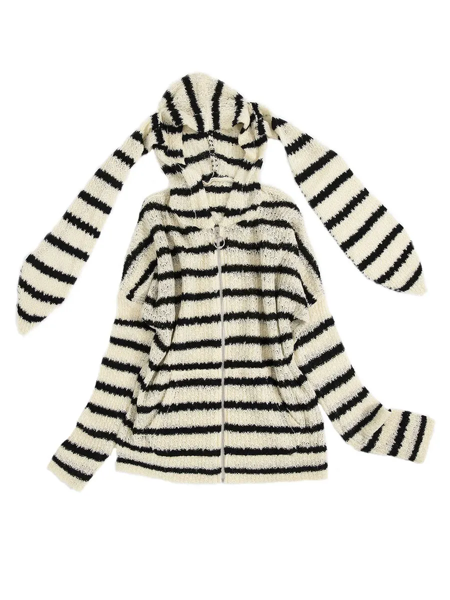 

Combhasaki Women Y2K Vintage Fashion Hoodies Cardigan Stripe Long Ears Hooded Long Sleeve Zip Fall Casual Soft Knit Loose Coat