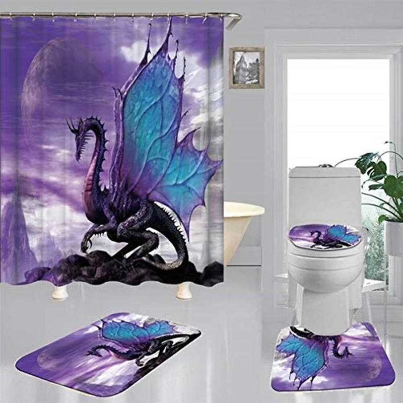 

Flying Mystery Dragon Waterproof Shower Curtain Set for Bathroom Toilet Cover Mat Non-slip Rugs Bathroom Set Animals Decoration