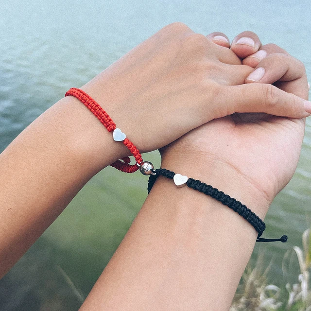 Black red bead string elastic titanium steel heart shape charm hole bead  bracelet for couples jewelry gift for men and women - AliExpress