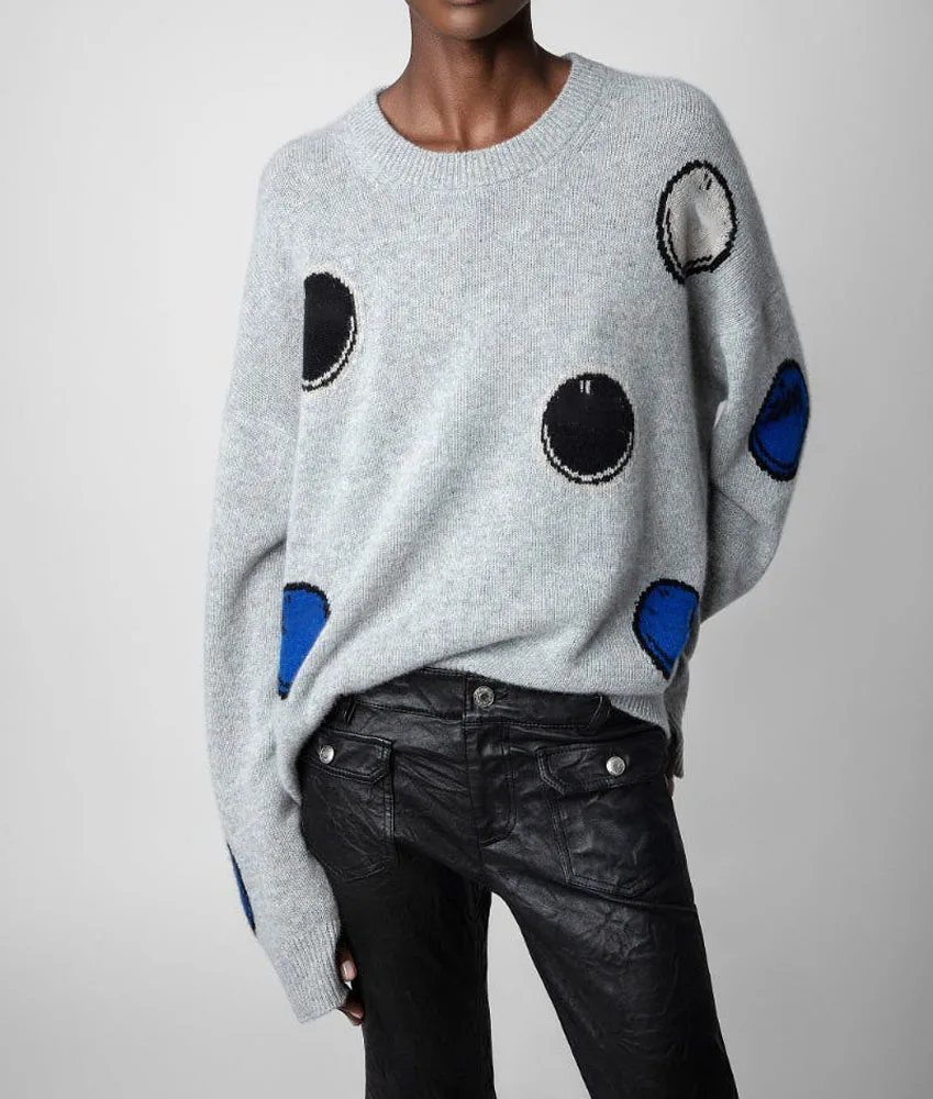 

Женский трикотажный жаккардовый свитер с круглым вырезом и длинным рукавом