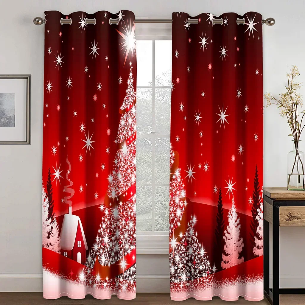 

Happy New Year Santa Silver Snowflake Christmas Tree Thin Window Curtains for Living Room Bedroom Decor 2 Pieces Free Shipping