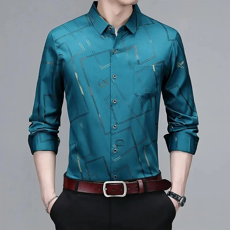 Men Autumn Long-sleeved Striped Twill Shirt Youth Business Suit Sweater