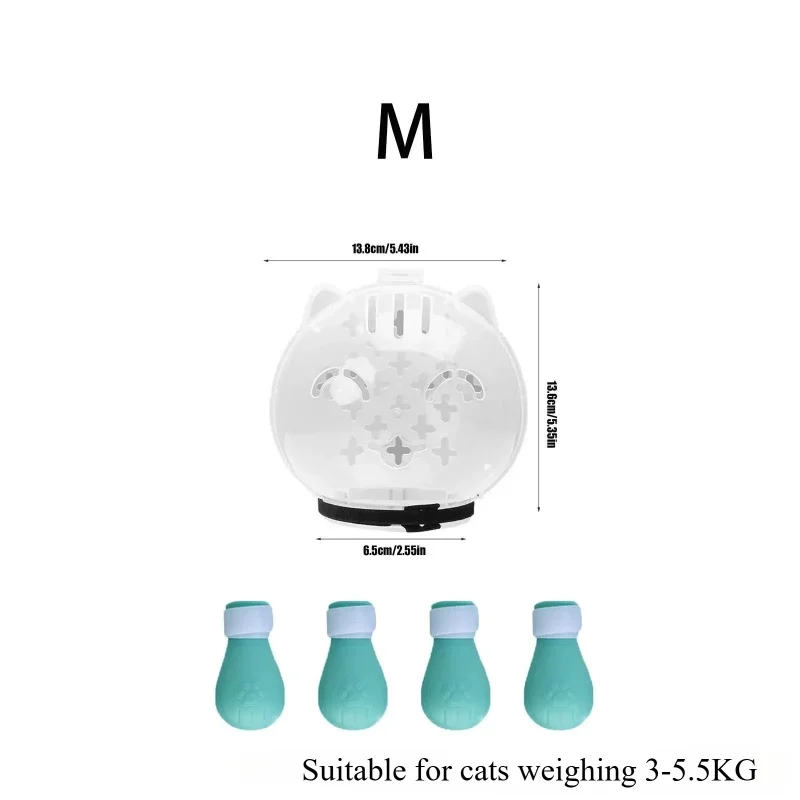 KittyNook Cat Co. Calm Cat Transparent Protective Visor (size M) fits 3–5.5 kg cats; four teal caps; cat-shaped carrier.