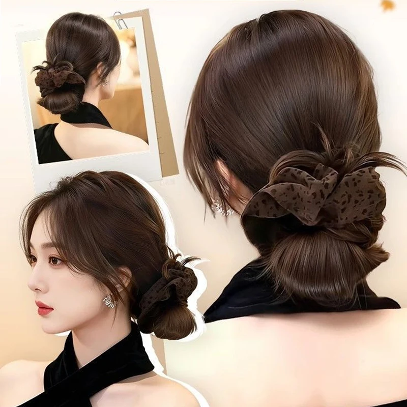 Synthetic Messy Hair Bun Extension Wig Claw Clip Updo Hair with Leopard Scrunchie Hair Clips Hairpiece for Women Daily Party Use