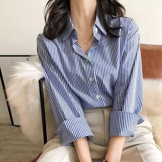 Classique rayé femme printemps automne Blouses chemise dame longue lanterne manches col montant lâche haut Blouse 1