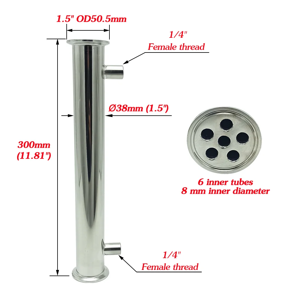 1.5" Distillation Condenser, Cooler, Dephlegmator, Height 300mm Inner 6 Tubes 304 Stainless Steel, for Distillation Column