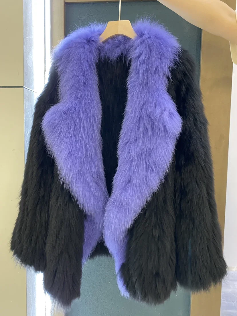 Fox Hair Double-sided Woven Lapel Fluffy Fur Coat Wooden Contrast Color Medium Long Loose 2023 Autumn Winter Jackets for Women