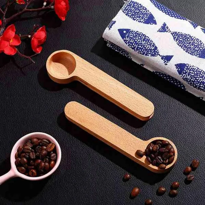 Natural Wooden Coffee Bean Measuring Spoon with Bag Clip 2 in 1 Multifunctional Kitchen Tool for Condiments Sugar Protein Powder