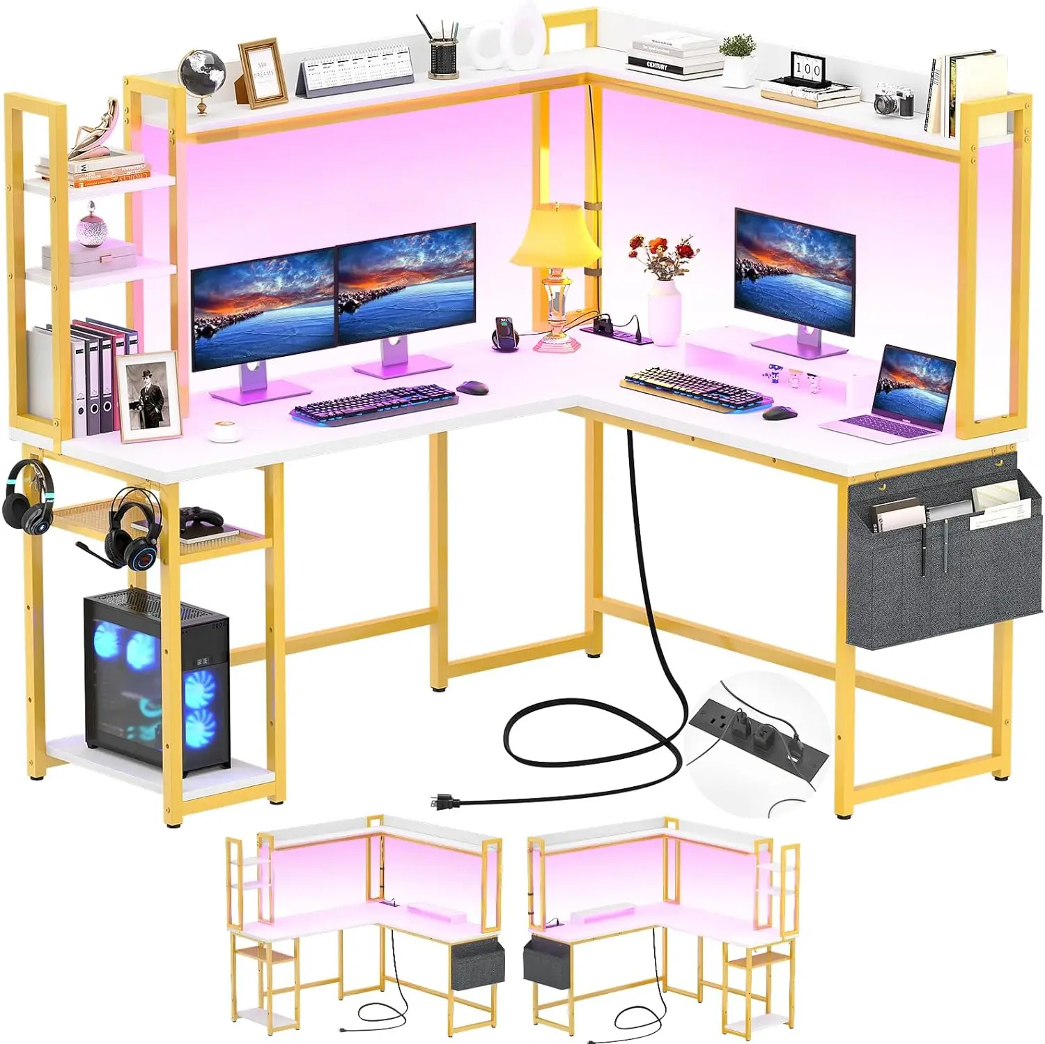 Aheaplus L Shaped Desk with Power Outlet, L Shaped Gaming Desk with Led Light & Hutch, Reversible Home Office Desk aheaplus l shaped desk power outlet led light