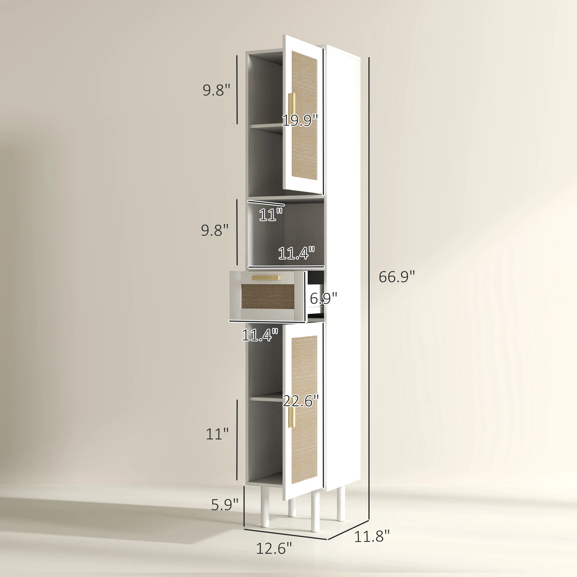 Homcom Tall Bathroom Storage Cabinet with Rattan Doors, Freestanding Bathroom Cabinet with Open Shelf, Drawer, White 4