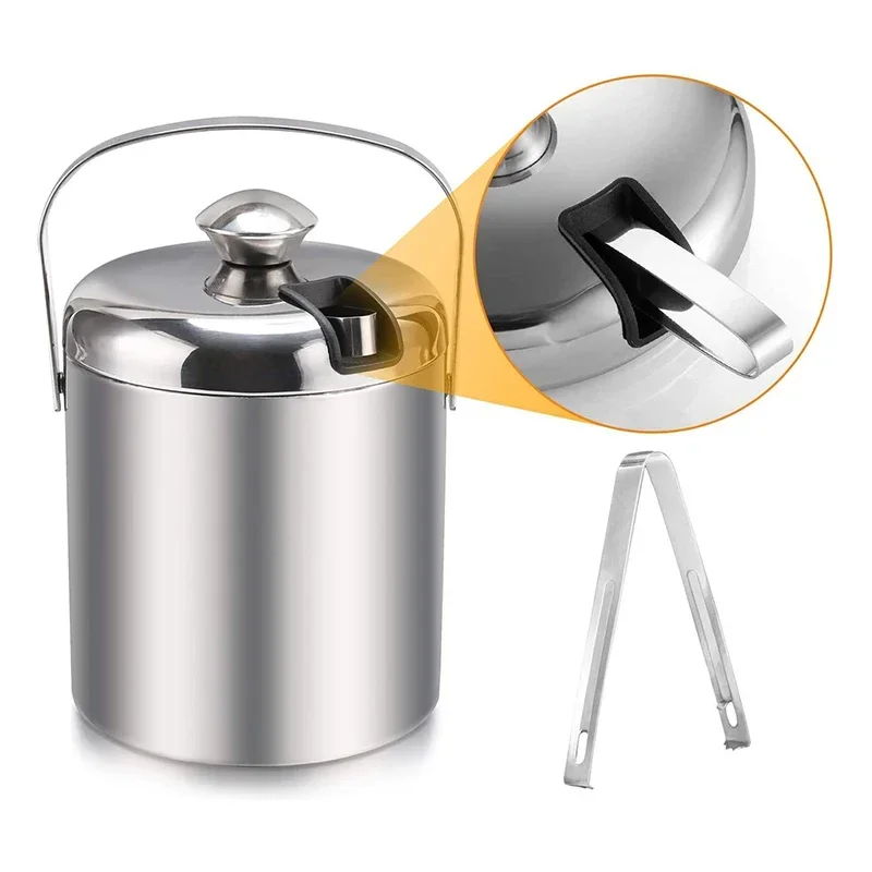 UPORS Ice Bucket 1.3L Stainless Steel Ice Bucket with Tong and Lid Portable Bar Chilling Beer Cooler Champagne Wine