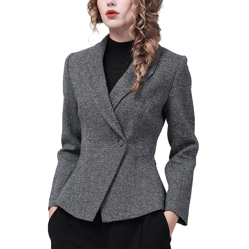 Elegant Suit Collar Women' Grey Woolen Blazer Slimming Short Female Autumn Winter Jackets Fashion Office Ladies Working Coat 5