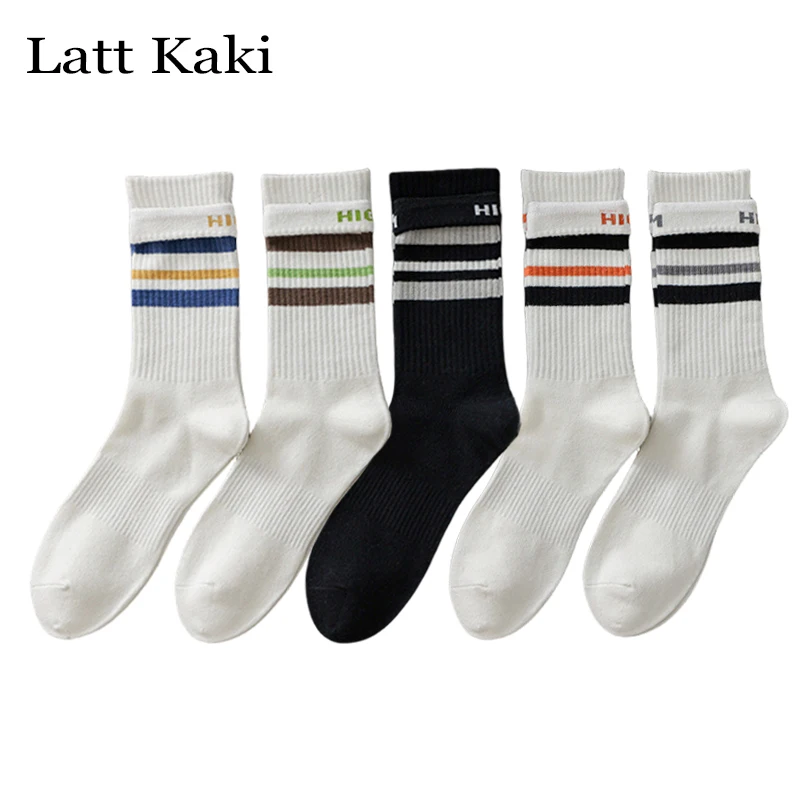 

5 Pairs Per Lot Men Socks Novelty New Trendy Striped Crew Socks Men's Cotton Casual Street Letter Casual Sports Socks Elasticity