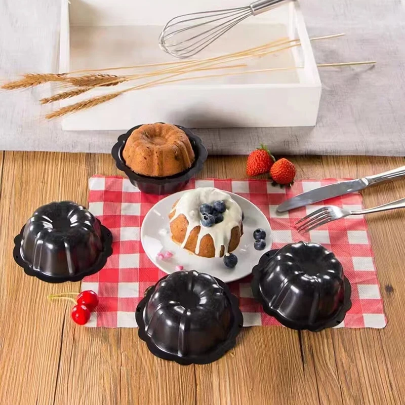 1PCS 4inch Mini Cake Pan Nonstick Fluted Baking Mold Carbon Steel Flower Shape Tube Pan for Brownie Cupcake Pudding Muffin, cake baking tools