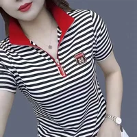 T-shirts Red Striped Women's Polo Baggy Clothing Trend 2025 Synthetic Summer Female Tee Youthful Elegant New Korean Cheap Tops