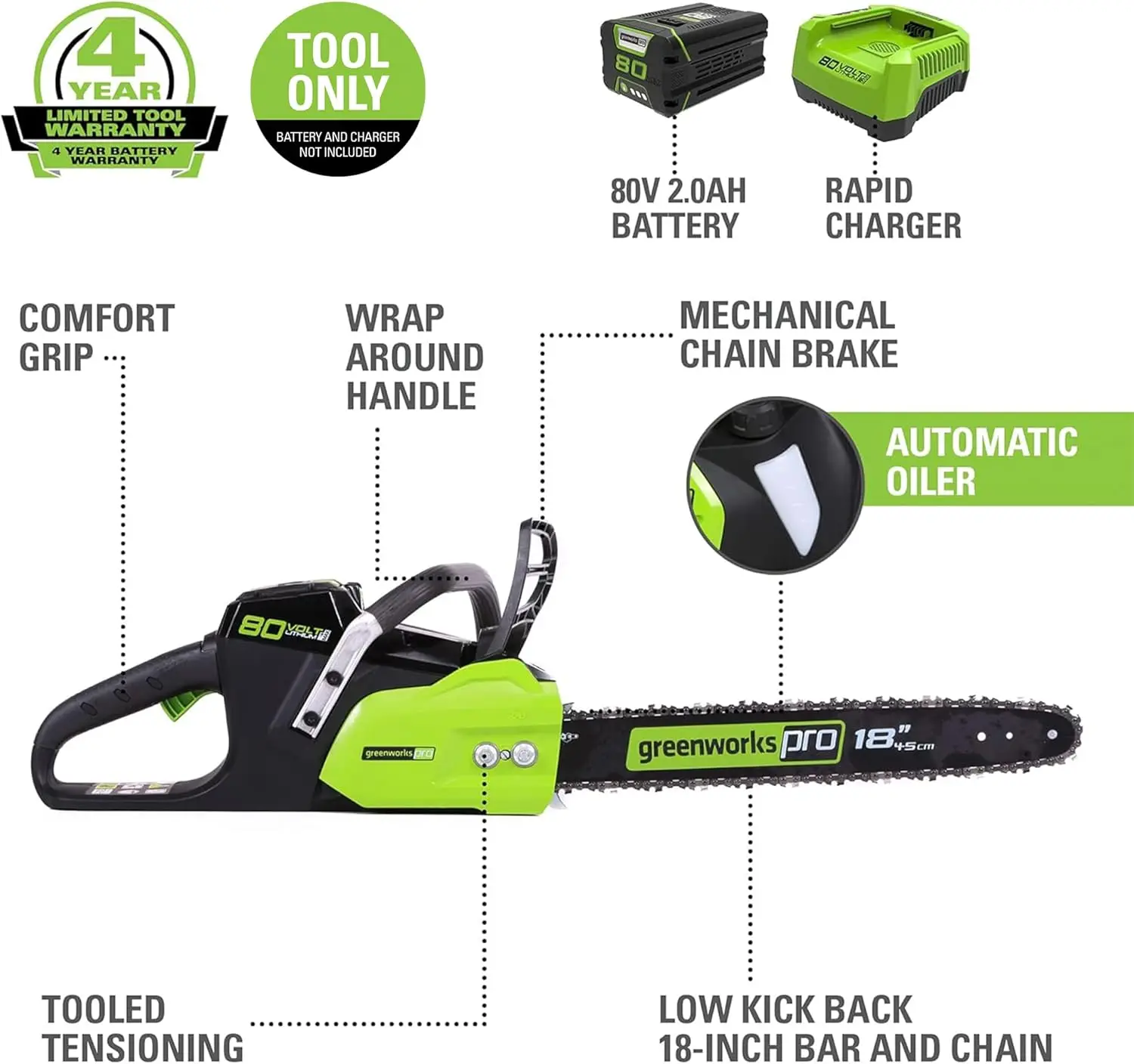 Greenworks 80V 18"" Brushless Cordless Chainsaw (Great For Tree Felling, Limbing, Pruning, And Firewood) / 75+ Compatible 2