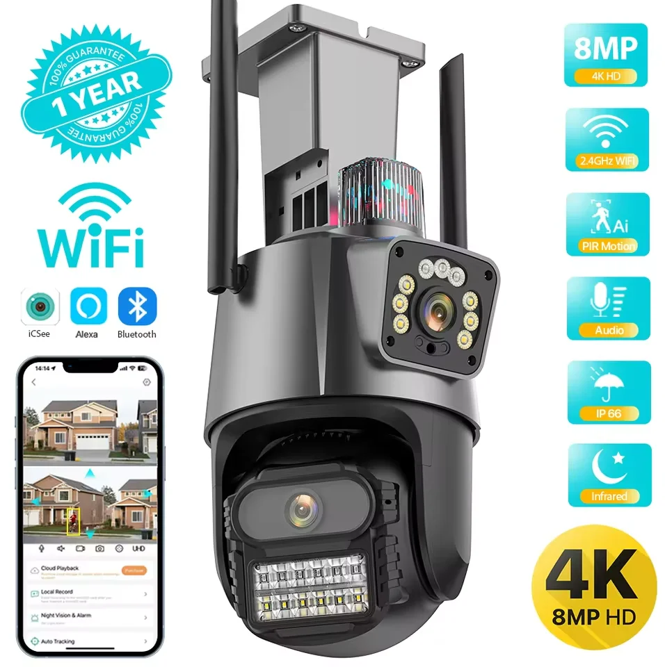 WiFi Camera Outdoor Wireless 6K 8MP ICSee Smart Three Lens 8X Zoom PTZ Video Surveillance IP Camera CCTV Auto Tracking