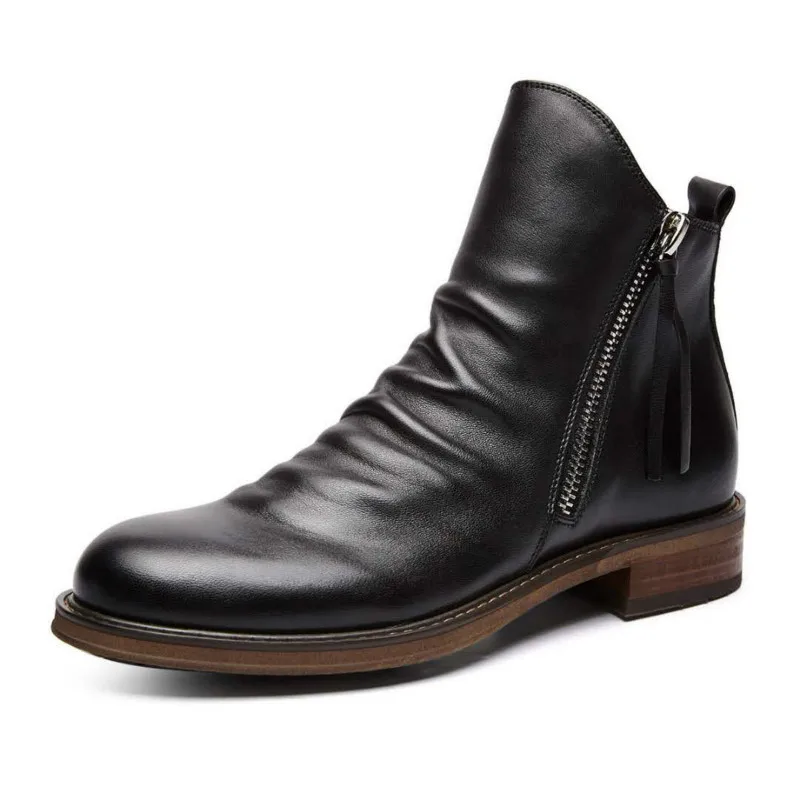 Men Leather Boots Fashion High-top Tassel Zip PU Leather Shoes Autumn Winter Ankle Boots Men Plus Size 48