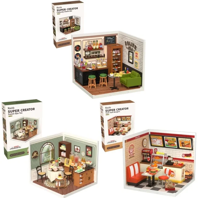 Robotime DIY Miniature House Kit Dollhouse Model Kit with LED Burger Shop And Leisurely Cheers Bar And Sweet Sips Tea