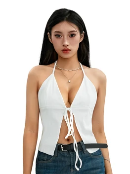 Women Crop Vest Tops Sleeveless Hanging Neck Drawstring Solid Color Casual Party Summer Spring Shirt 1