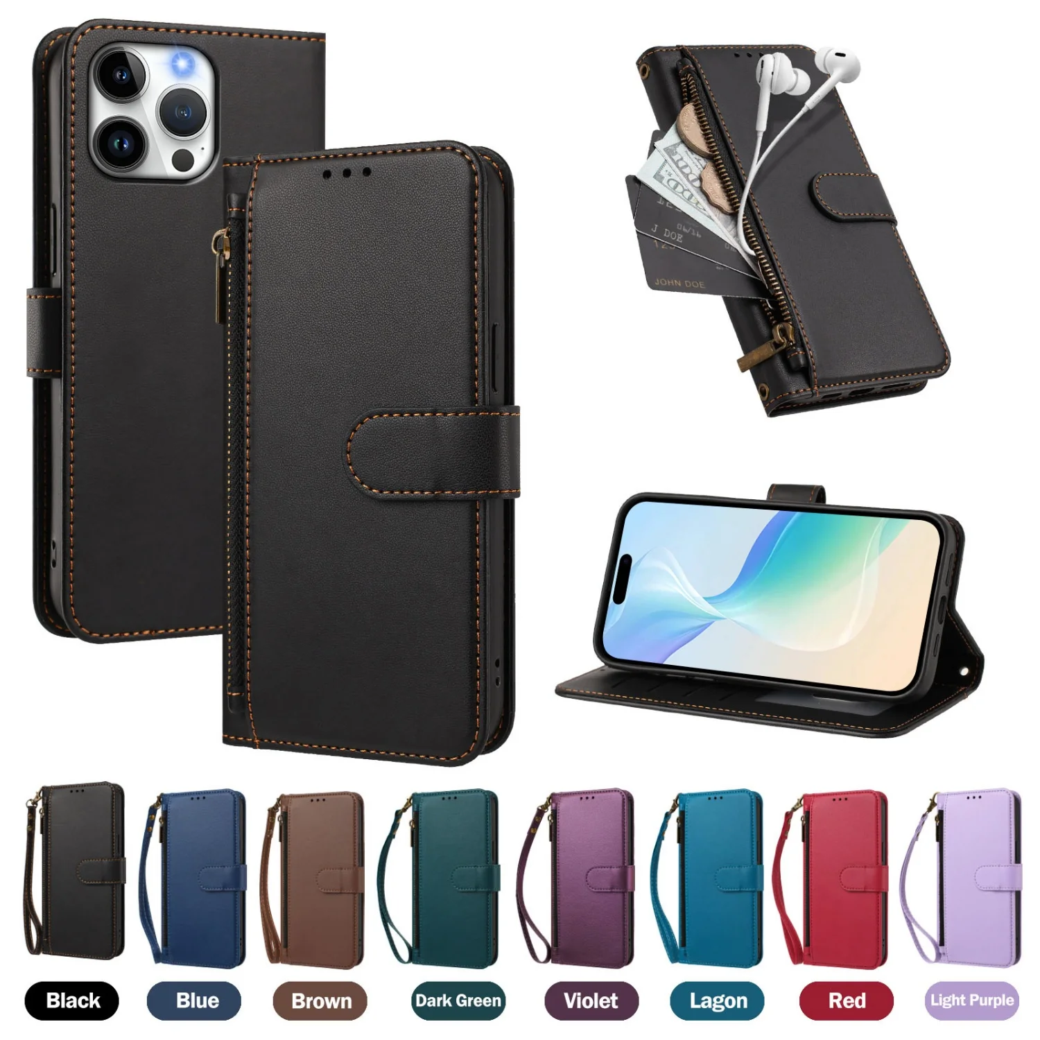 Premium PU Leather Flip Case with Zipper Wallet Cover