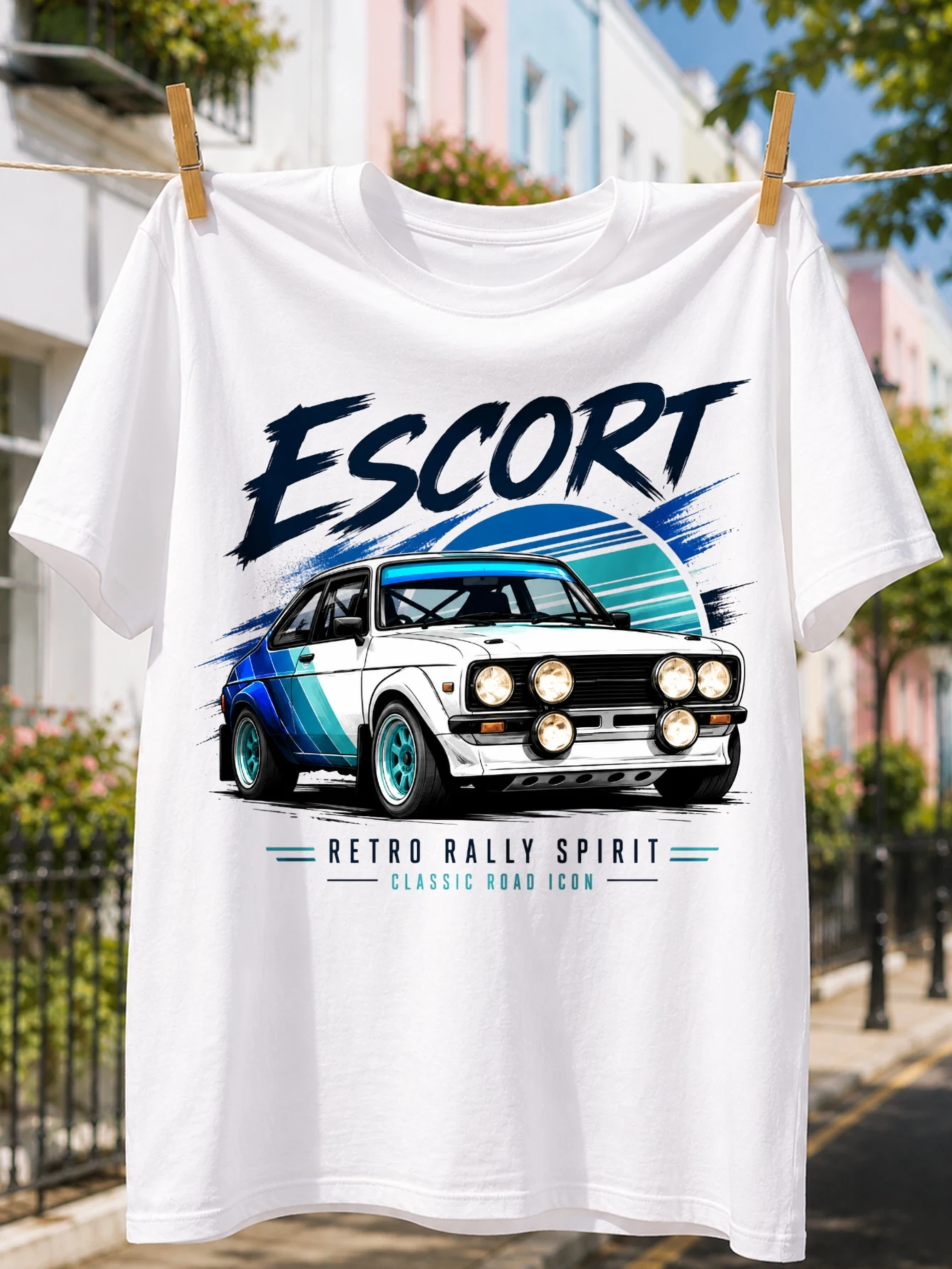 1PC Escort Retro Rally Spirit T-Shirt - Vintage Motorsport Tee with Iconic Car Print, Loose Fit Round Neck Casual Shirt Suitable for Rally Fans & Classic Car Enthusiasts, Machine Washable