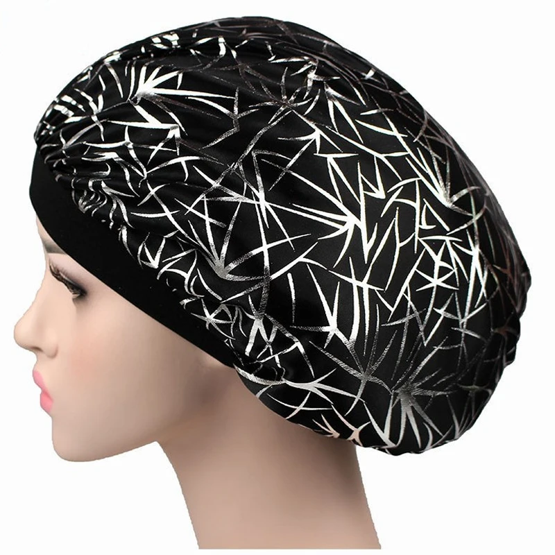 Hot Imitation Silk Wide-brimmed Night Cap Leopard Print Color With Streamer Round Cap Shower Cap Hairdressing Bonnet