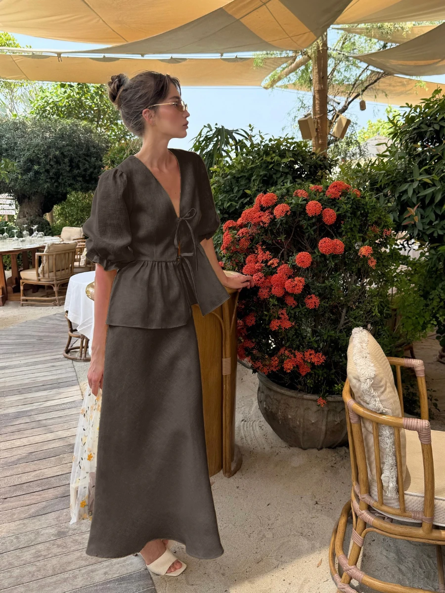 Bornladies 2025 Summer Women's 100% Cotton V-Neck Lace-Up Bubble Sleeve Shirt  Long Skirt Set Loose Casual Two-Piece Suit