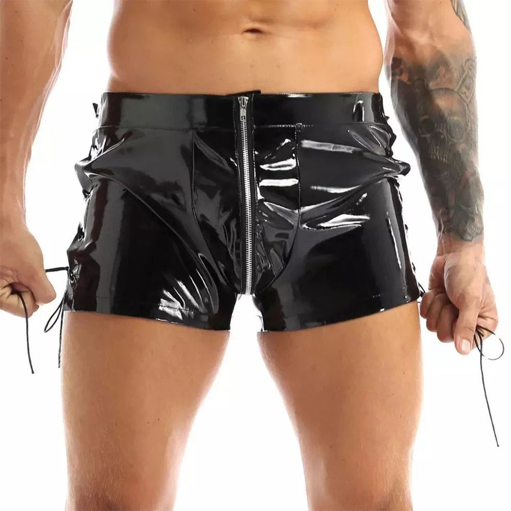 

2022 Mens PVC Wet Look Cool Boxer Pants Silky Shiny Zip Bulge Bag Pouch Shorts Gays Underwear Clubwear High Quality Swimwear
