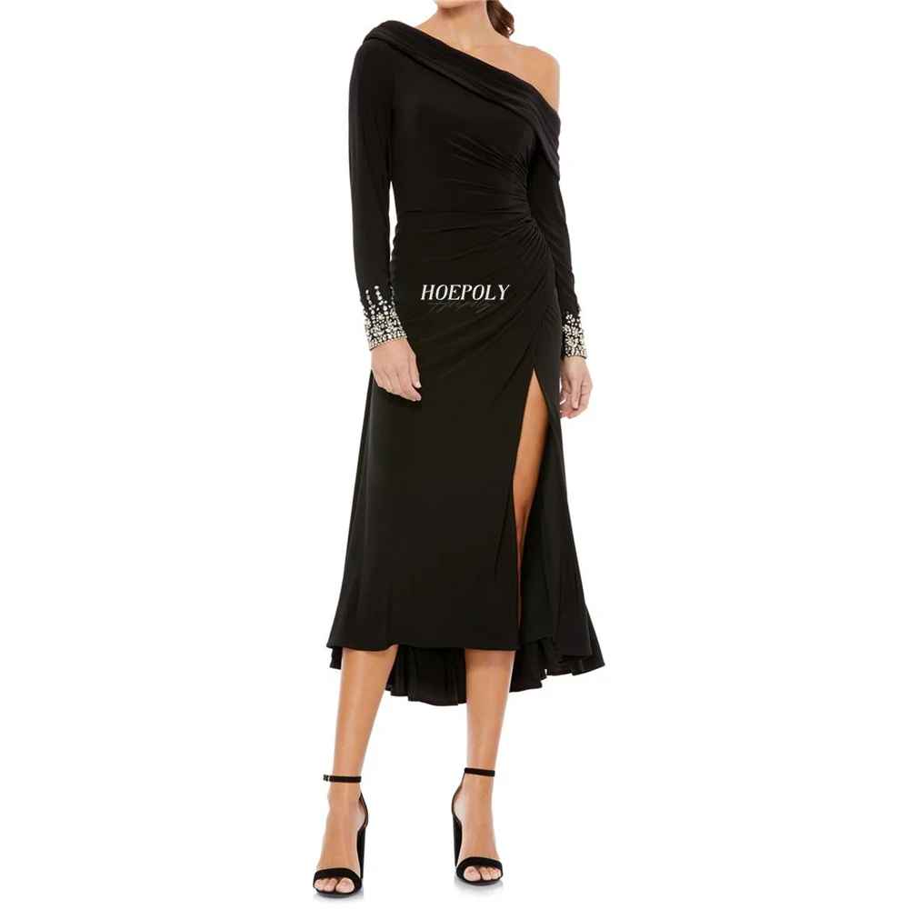 

Hoepoly Luxury One Shoulder Black Full Sleeve Crystal A Line Evening Dress High Slit Tea Length Prom Gown For Woman New 2023