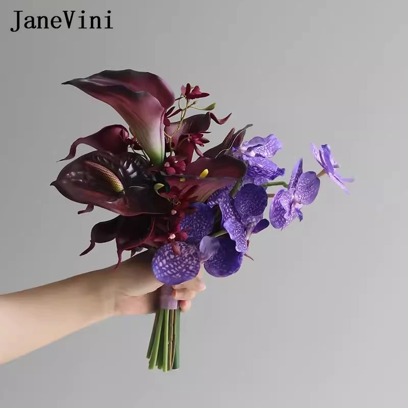 

JaneVini Vintage Dark Purple Bridal Bouquet for Wedding Simulated Artificial Bride Holding Flowers Calla Lily Wedding Bouquets