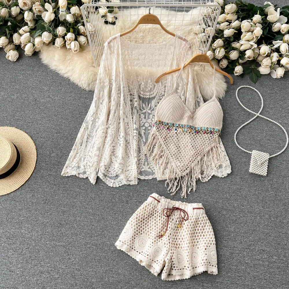 Beach Vaion Lace Open Cardigan Knitted Bikini Top Strapl orts Set Sun Protection Beachwear Casual Summer Outfit