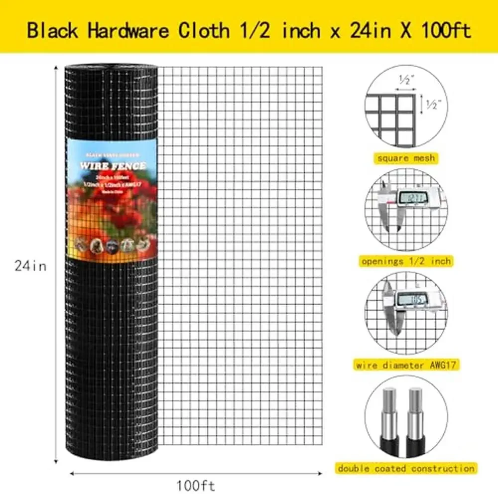 1/2" Black Vinyl Coated Chicken Wire Mesh Roll 24x100ft Galvanized Fencing Garden Protection