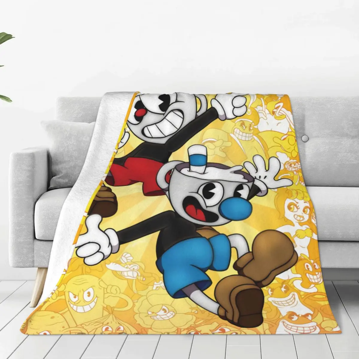 

Одеяло Cuphead Mugman And The Boss, мягкое флисовое теплое фланелевое одеяло, мультяшная игра, плед для дивана, уличное постельное белье, покрывало