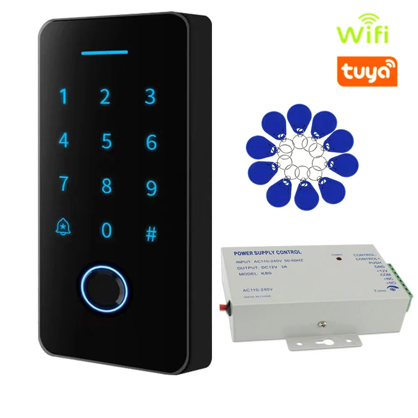 

Сенсорная клавиатура дверного замка Tuya с Wi-Fi и подсветкой, устройство для открытия дверного замка со сканером отпечатка пальца, с системой управления доступом к RFID-карте, выход WG, IP66, водонепроницаемая